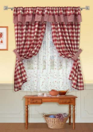 Комплект штор в клетку на кухню, полиэстер, бордовый, 185 см - фото 1